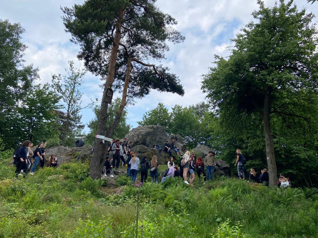 Grupa studentów otaczająca „diabelski kamień” - olbrzymi kwarcytowy głaz, który jest jedną z atrakcji Pasma Masłowskiego Gór Świętokrzyskich.