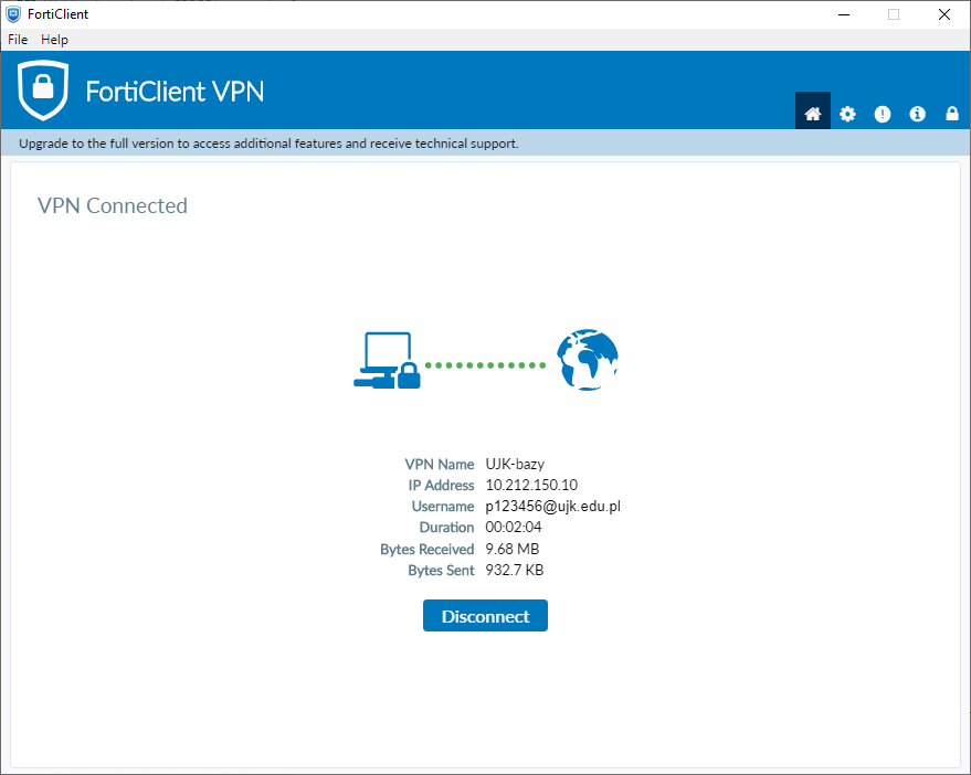poprawne połączenie i status połączenia VPN Connected